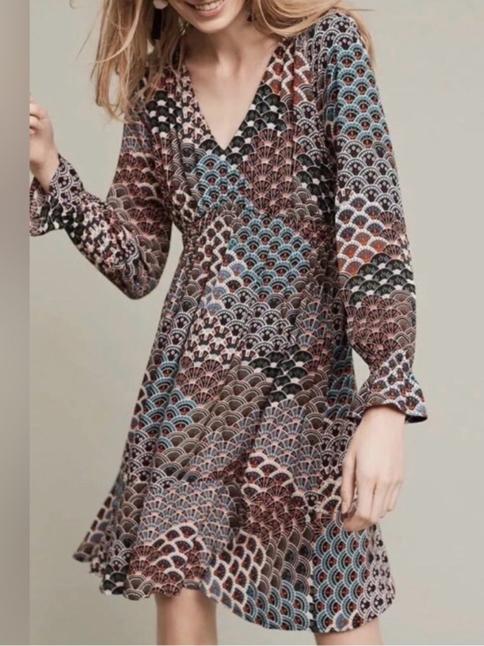 Anthropologie maeve monaco empire fan print long sleeve dress womens S